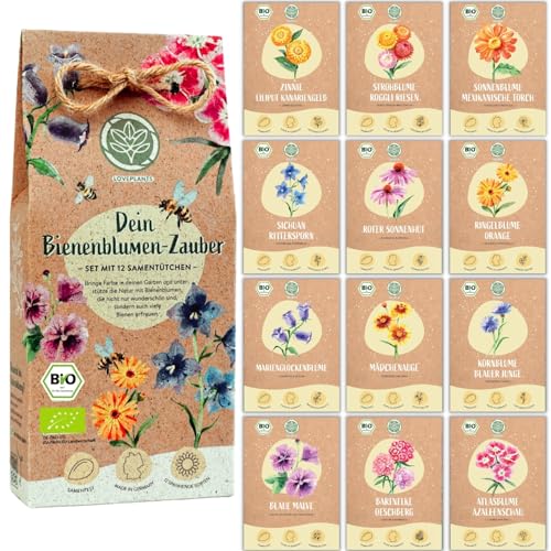 Bio Bienen Blumen Samen Set – 12 Sorten samenfeste Bio Blumensamen – mit extra viel Blumen Saatgut für deine Bienen. Schönes Pflanzensamen Set mit Wildblumensamen als Gastgeschenk.
