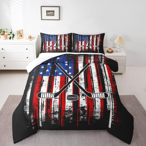Manfei Hockey Comforter Set Twin Size, American Flag Bedding Set 2pcs for Kids Boys Teens Room Decor, Sports Gaming Theme Quilt Set with 1 Pillowcase