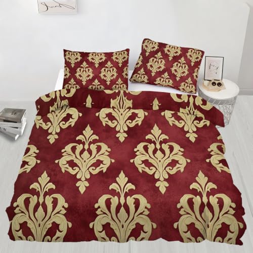 Image of XEODIAT Damask Bedding Duvet Cover Set King Size Red Damasks Bedding Set
