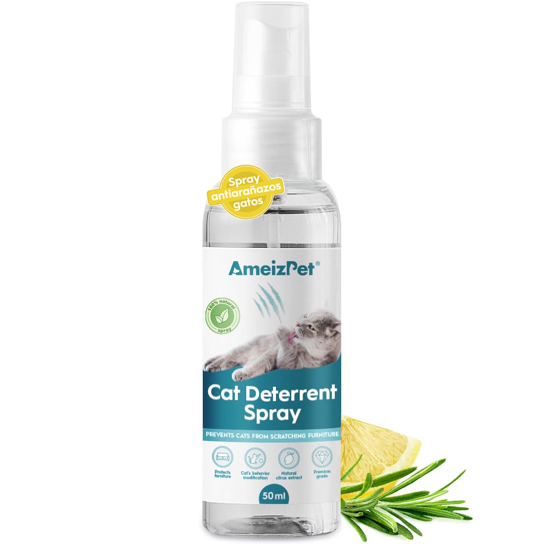 AmeizPet Spray Antiarañazos Gatos, Evita Que Los Gatos Arañen Muebles, Alfombras, Cortinas y Plantas, Ahuyentador de Gatos y Gatitos Exterior e Interior, 50 ml (1.69 Oz)