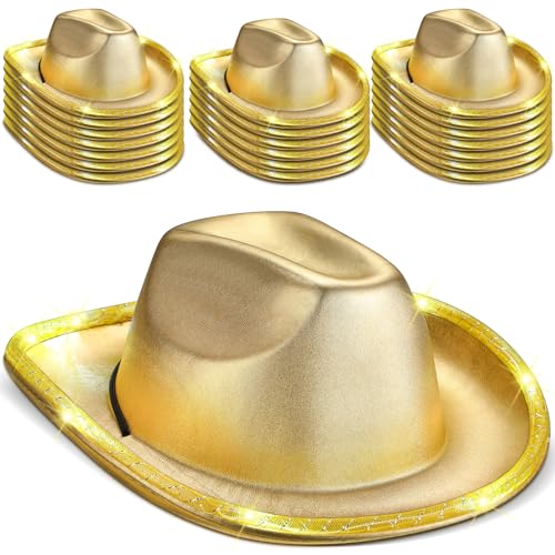 Tisancy 20 Pack Lights Cowboy Cowgirl Hat LED Flashing Light Up Hat for Western Bachelorette Party Wedding Bridal(Gold Retro)