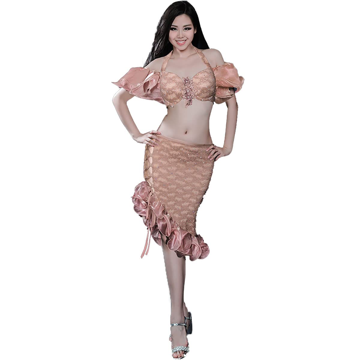 Disfraces De Baile del Vientre para Mujeres Top Bra Set Revel Revel Back Professional Belly Dancing Lace Angled Falda