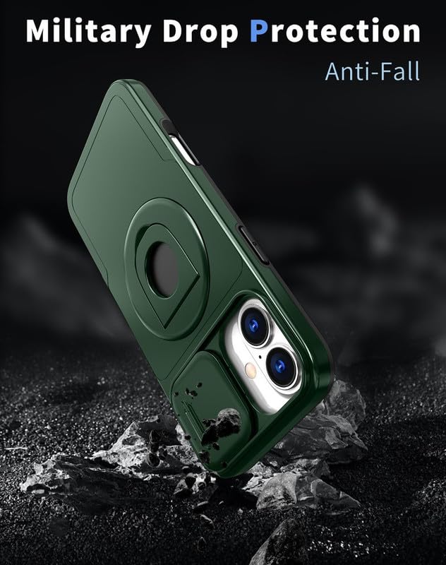 Image of LuxuryKase MagSafe Shockproof Rugged Back Case for iPhone 17 | Finger Ring Kickstand & Sliding Camera Cover | Military Drop Protection | Wireless Charging Support - Dark Green