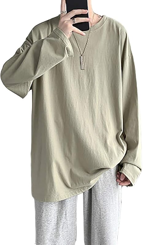 Amazon Co Jp メンズ Tシャツ 長袖 クルーネック 無地 カットソー ビックシルエット ストリートファッション 春秋服 Green ファッション