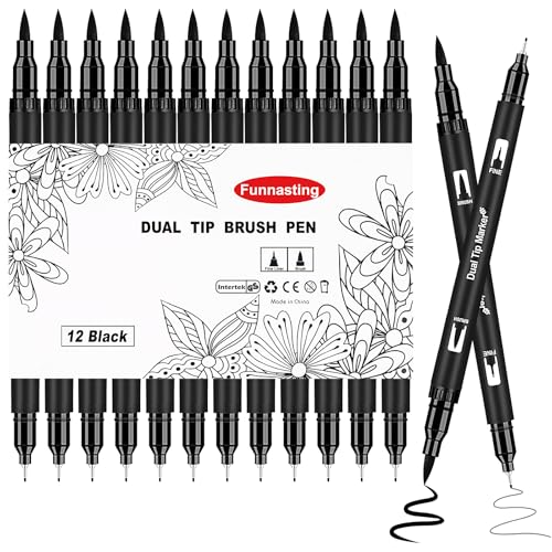 Funnasting Feutres Coloriage Adulte, 12 Feutre Noir Pointe Fine, Double Pinceau Noir pour Dessiner et Esquisser de L'art