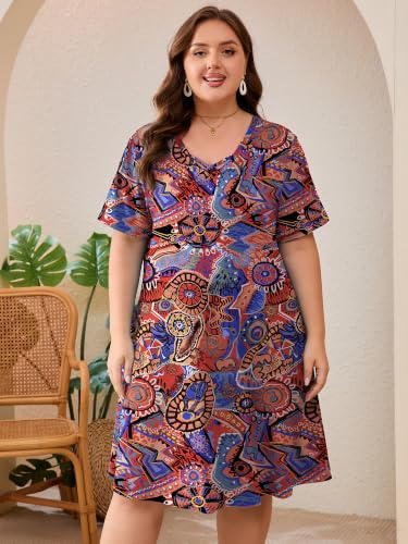 Image of AusLook Plus Size Midi Dress for Women Short Sleeve V Neck Criss Cross A Line Summer Casual Vacation Sundresses with Pockets