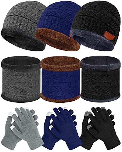 3 Pieces Winter Knit Hat Neck Warmer Scarf and Touch Screen Gloves Set Warm Thick Lined Beanie Skull Cap for Unisex Adult Men Women