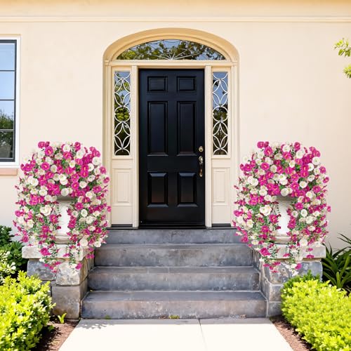 Image of Bassion 2 Packs Artificial Hanging Flowers for Outdoors, Mixed Purple | UV resistant fake petunias, realistic faux plants, hanging morning glory, home patio porch garden planter outdoor decor