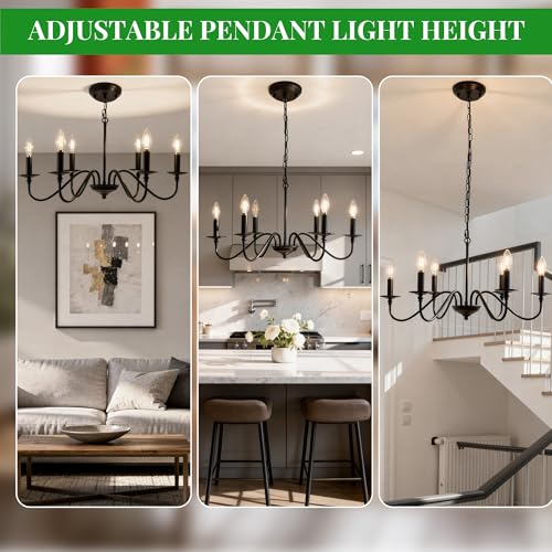 Image of Black Chandelier, 6-Light Farmhouse Candle Chandelier 29'', Rustic Industrial Hanging Light Fixture for Dining Room, Kitchen Island, Living Room, Entryway, Bedroom, Foyer