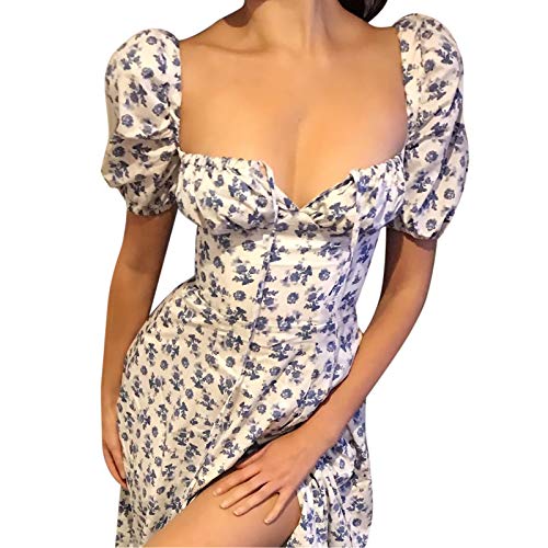 Maxi Dress For Women Boho Dress Cottagecore Dress Spring Summer Dress Wrap Floral Casual Vintage Square Neck Dress Blue #TOP3