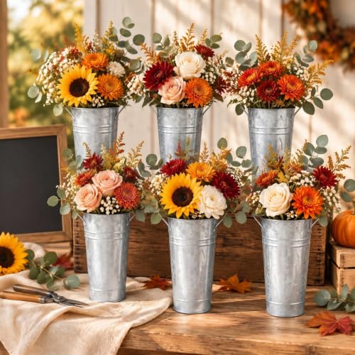 Chumia 6 Pcs Galvanized Metal Flower Buckets with Handles, Silver, 9 Inch
