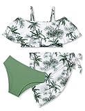 NAPU Girls Swimsuit Size 11 12 Girls Bikini Set Tropical Print Bathing Suit for Girls with Wrap Beach Skirt 3Pcs Cold Shoudle Girls' Swimwear Green Kids Swimsuit