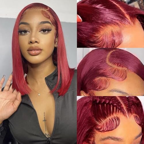 IUTUFTD 12 Inch 99j Burgundy Bob Wig Human Hair 13x4 Hd Lace Front Wigs Human Hair For Black Women Glueless Lace Front Wigs Pre Plucked Pre Cut 180% Density Short Straight Bob Wig