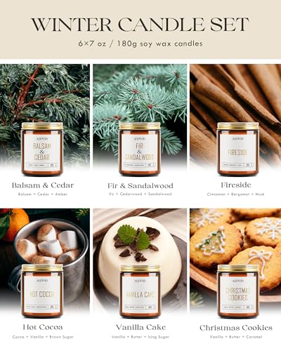 Image of AOOVOO Candles Set - 6PC Scented Candles, Soy Candle, Aromatherapy Candle, Soy Wax Candle, Candle for Home Scented, Balsam /Fir /Firseide /Cocoa /Vanilla Cake /Cookies