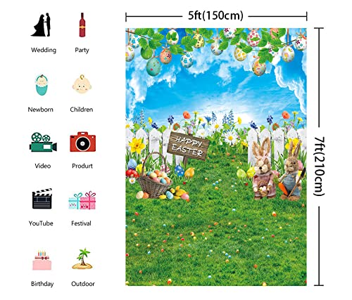 Happy Easter Backdrop Eggs Bunny Spring Garden Photography Background 5x7ft Rabbits Flowers Easter Party Decoration Banner Supplies by Generic - Used condition - Image 3