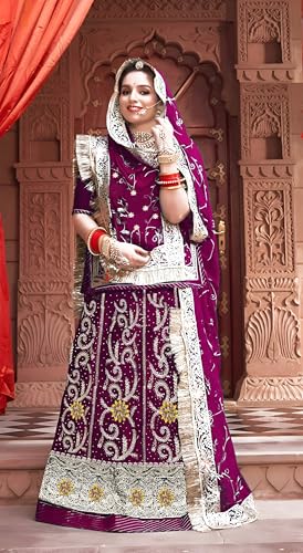 Image of Heavy Embroidery Work Semi Stitched Shimmer Silk Rajputi Poshak For Women Rajasthani Lehenga Choli
