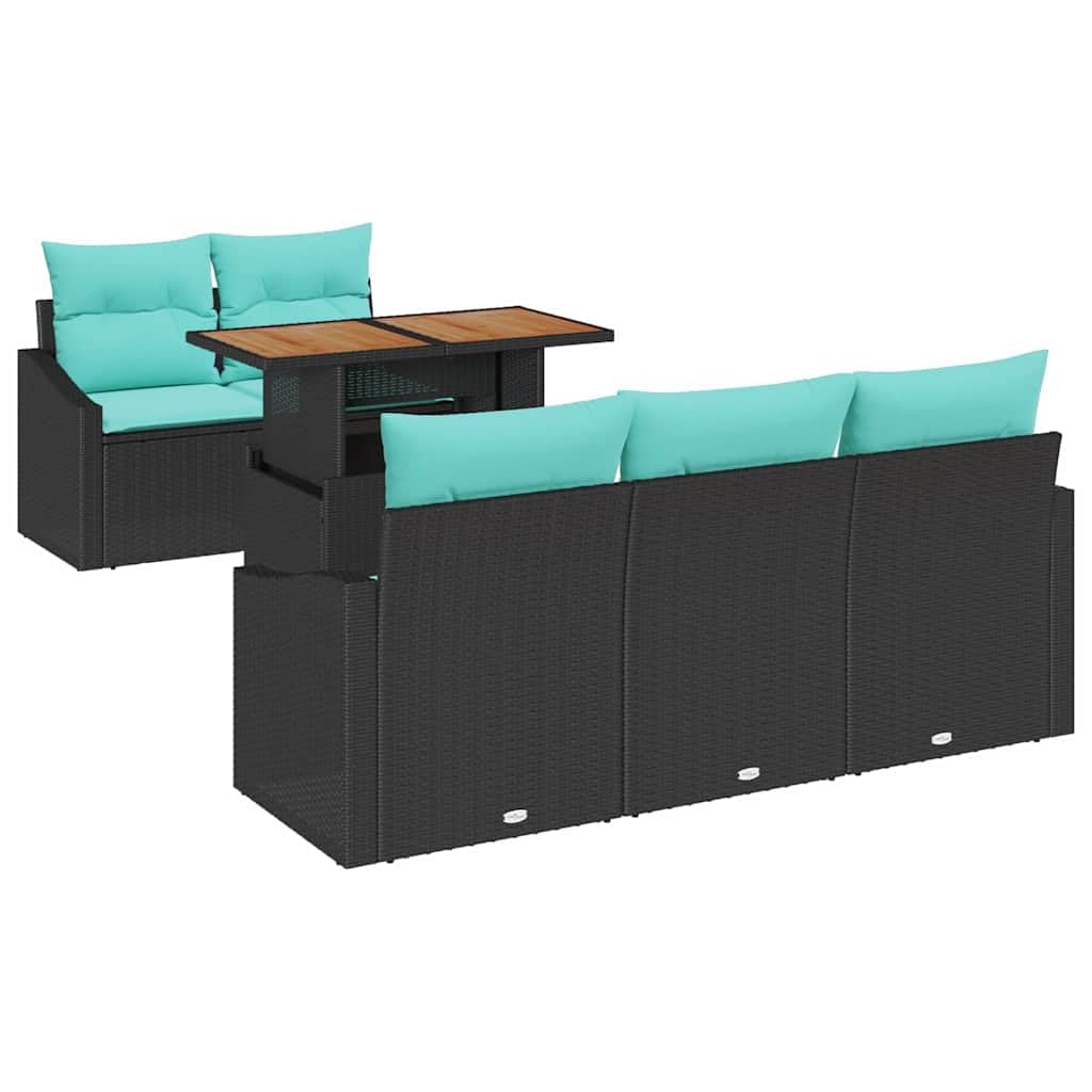 Juego de comedor de jardín de 6 piezas con cojines en color negro y verde azulado – Juego de jardín de polirratán con mesa y 5 sofás con espacio de almacenamiento – Conjunto modular de ratán