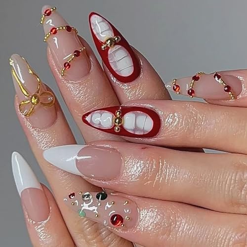 Christmas Press on Nails Medium Almond Fake Nails with 3D Bow Gol...