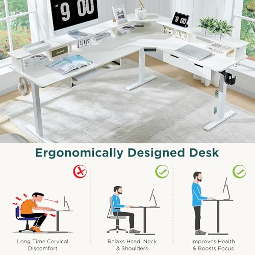 Image of RedLemon 75X60 Inches L Shaped Electric Standing Desk, Height Adjustable Corner Gaming Desk with Drawers, Keyboard Tray, Power Outlets & LED Lights, Computer Desk with Monitor Shelf, Antique White