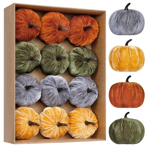 Image of Super Holiday 12PCS Artificial Velvet Pumpkins Decorations, 4 Colors Foam Faux Flocked Pumpkins for Fall Harvest Theme Party Wedding Halloween Thanksgiving Table Decor