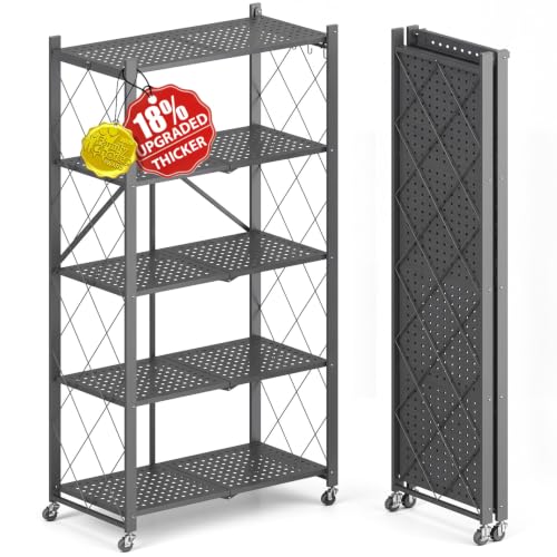 Image of Upgraded 18% Thickened Portable 5-Tier Foldable Storage Shelves with Wheels | Heavy Duty Storage Shelf Collapsible Shelves Unit Display for Garage Storage Kitchen Pantry & Closet Organizer, Grey