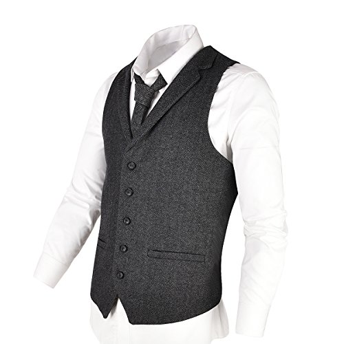 VOBOOM Mens Herringbone Tailored Collar Waistcoat Fullback Wool Tweed Suit Vest2
