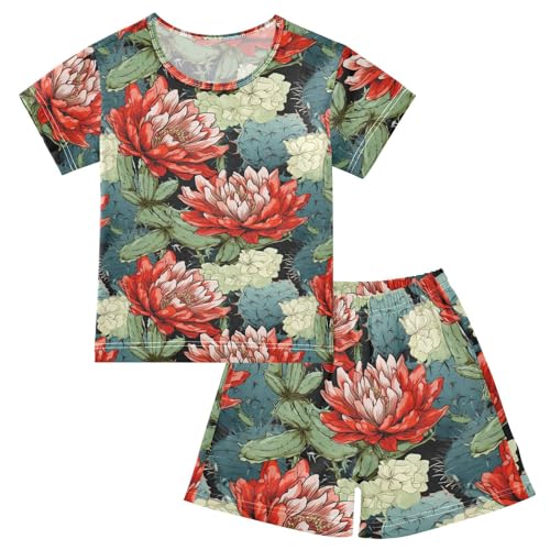 ALAZA Cactuses Flowers Pajama Set Short Sleeve Sleepwear Soft Lounge Nightwear