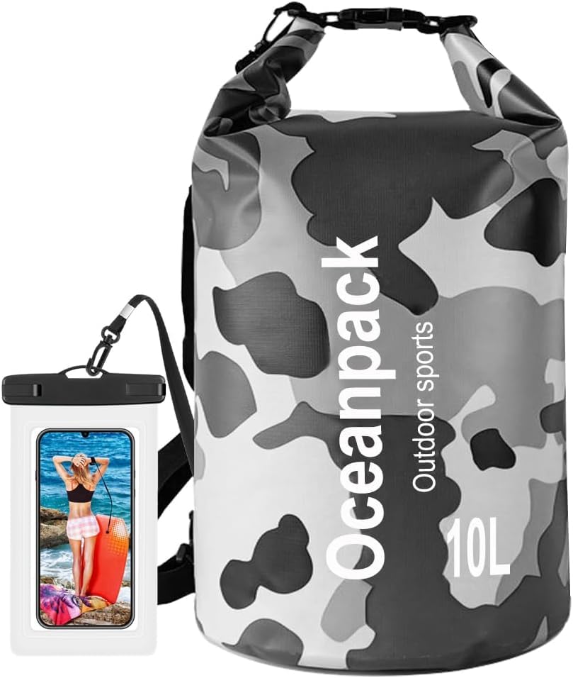 Image of Waterproof Dry Bag with Phone Case, 2L /3L /5L /10L /15L /20L /30L, Floating and Lightweight Bags for Kayaking Rafting Boating River Trekking-Multi Color (10 Liter Grey)