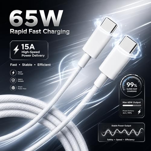 Image of Type C to C USB Cable 1m 65W Rapid Fast Charging 15A Universal Type C Charger Cord for Smartphones & Tablets | White Durable Charging Cable