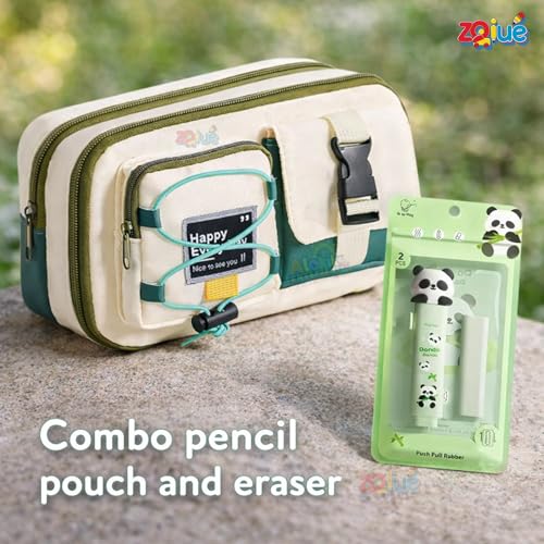 Image of Happy Every Day Pencil Pouch for School with Cute Panda Push Pull Eraser Set, Large Capacity Aesthetic Pencil Case, Multi-Compartment Pen Organizer for Kids Girls Students