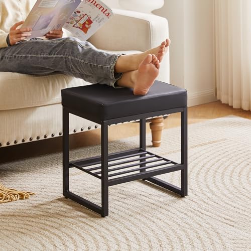 Aibiju Hocker Stuhl für Schminktisch, Kunstleder, Kleiner Make-up-Hocker, Bank für Schminktisch, PU-Sitz, Schminkhocker, Fußhocker, Ottomane für Schlafzimmer, Wohnzimmer, Schwarz YD-JD150B