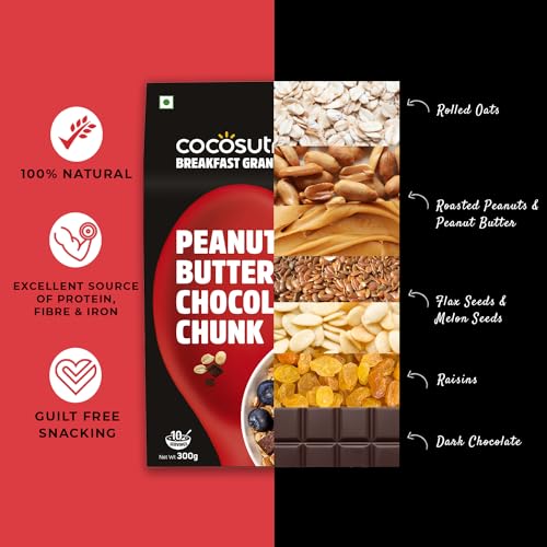 Image of Cocosutra Peanut Butter Chocolate Chunk Breakfast Granola - 300 g | Made with natural ingredients | High Protein Cereal with Oats, Nuts, Seeds & Dry Fruits | Lightly sweetened with Jaggery | High Protein Breakfast Cereal, Oats, Nuts, Seeds & Dry Fruits, 100% Natural, Vegan & Gluten Free, Jaggery Sweetened Crunchy