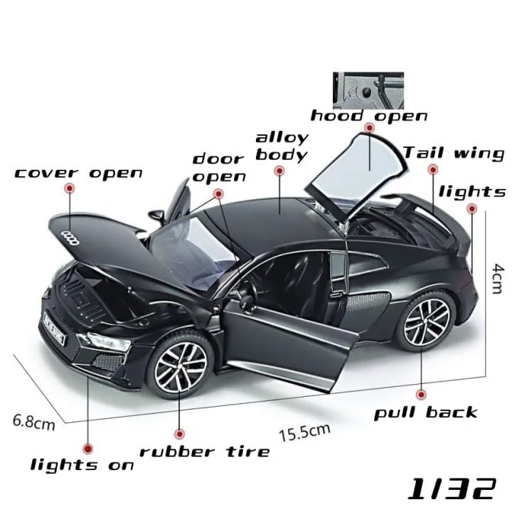 Image of MANAKI ENTERPRISE Scale 1:32 Audii R8 Sports - Multicolor Alloy Diecast Pullback Metal Car Toy with Sound Light & Opening Doors - Best Gift Toy for Kids