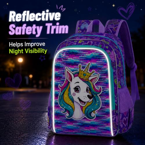 Image of 3Pcs Dog Backpack for Girls, 16 inch Sequin Bookbag Set for Kids, Elementary Preschool Preschool School Backpacks with Lunch Box (Purple)