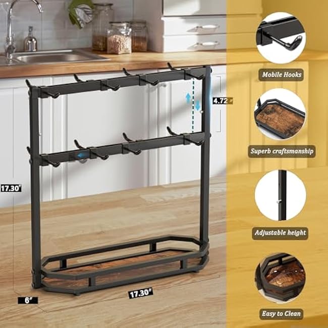 Coffee Mug Holder with Movable Hooks,16 Capacity Coffee Cup Holder for Countertop, Metal Mug Tree Holder Rack with Storage Base,Home Storage Mug Organizer adjustable Heights (Black)