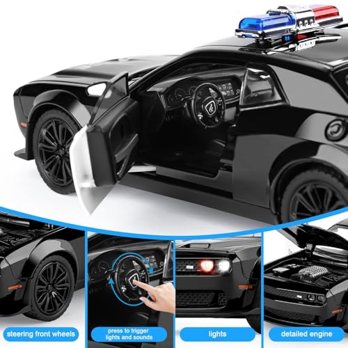 Image of 1 /24 Dodge Challenger Hellcat Model Car, Zinc Alloy Pull Back Toy car with Sound and Light for Kids Boy Girl Gift (Police Black)
