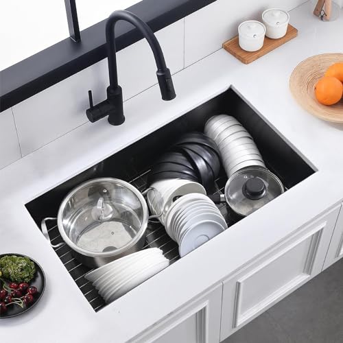 Image of 28 Inch Undermount Kitchen Sink Black, 28x18 Gunmetal Black 16 Gauge Stainless Steel Single Bowl Under Mount Commercial Kitchen Sinks 9 Inch Deep Includes Drain