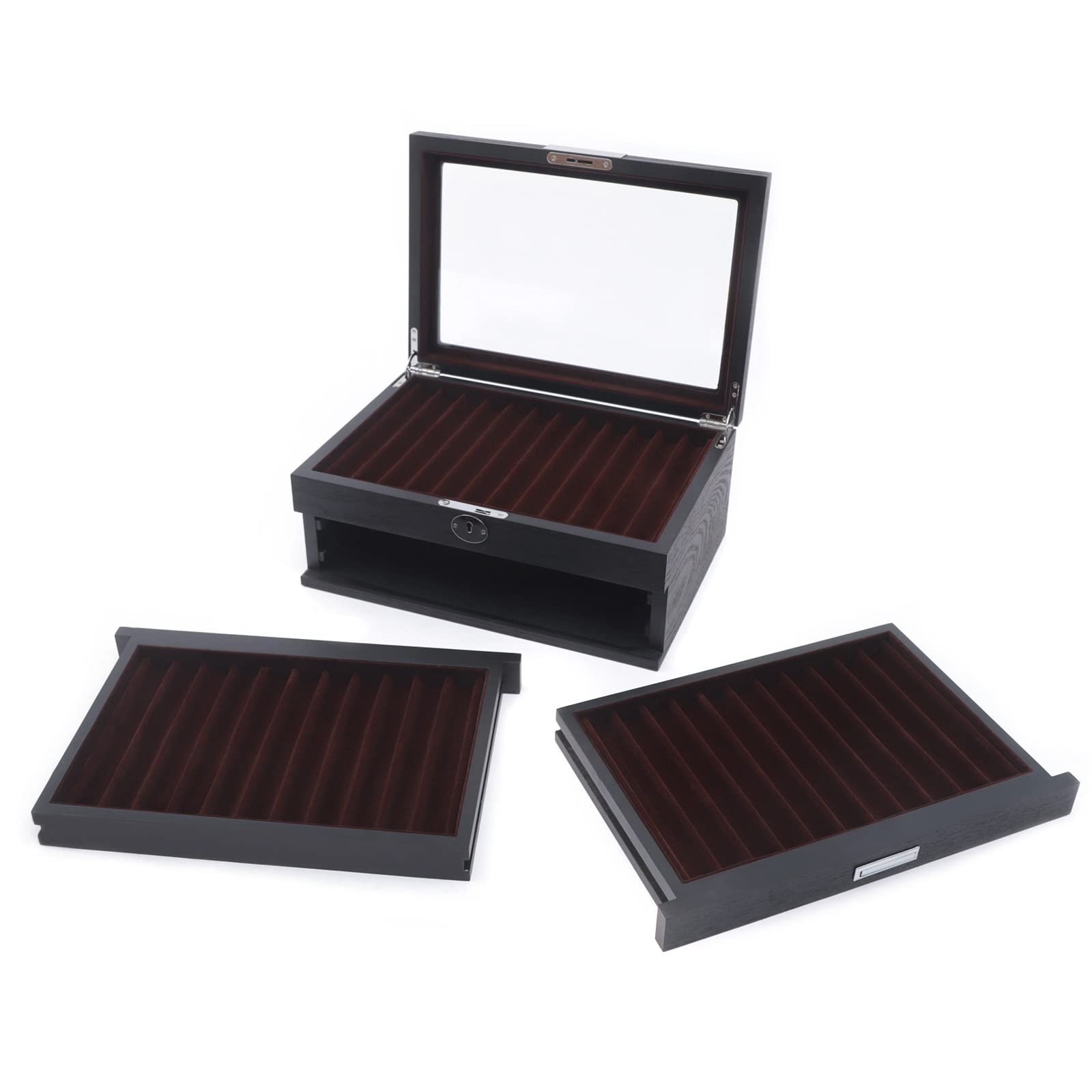 Stifthalterbox aus Holz 34 Slots Stiftebox Stifte Sammelbox mit Vitrine 3 Schichten Füllfederhalter Organizer Box Schwarz