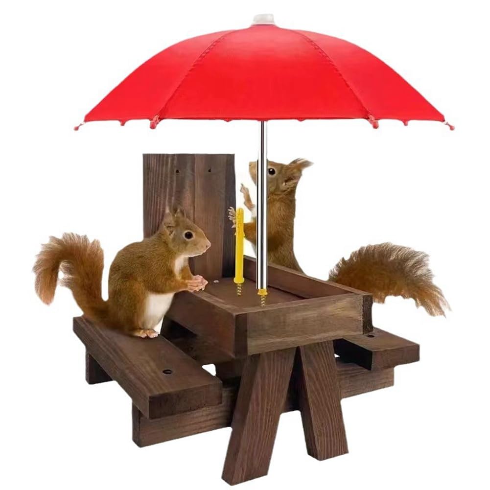 Wrtysully Wooden Squirrel Feeder Bird Pet Dining Table Bench Hanging Feeding Table Mini Umbrella Ornaments