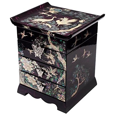 Mother of Pearl Crane Bird and Pine Tree Design Purple Wooden Jewellery Drawer Mirror Trinket Keepsake Treasure Gift Asian Lacquer Box Case Chest Organizer Cover