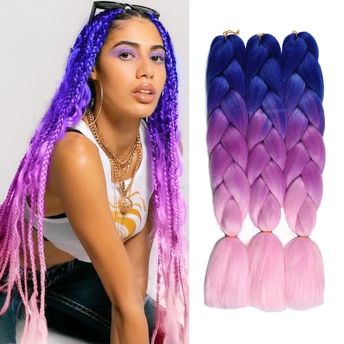 Ombre Braiding Hair 24 Inch Jumbo Braiding Hair Extensions 3Pcs Pre Stretched High Temperature Crochet BraidHair for Boxes twist Hair (Blue/Purple/pink)