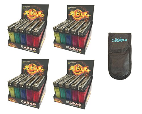 Outletdelocio. Pack 200 mecheros desechables. Colores surtidos. Con seguro a prueba de niños. Funda multiuso incluida. 64153x200/23054