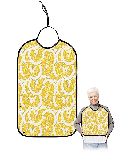 LEOKOTI Summer Lemon Adult Bibs for Eating, Waterproof Bibs with Food Catcher & Adjustable Snap Closure, Farmhouse Yellow Fruit Washable Clothing Protectors Adult Bibs for Elderly Women/Men