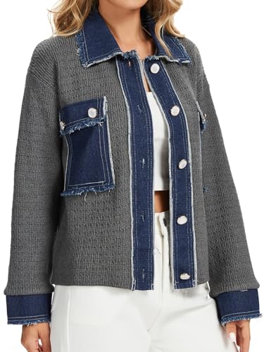 KEOMUD Women's Fall Button Down Knit Cardigan Sweater Casual Cropped Shacket Jacket with Denim Lapel Pockets Cuff4