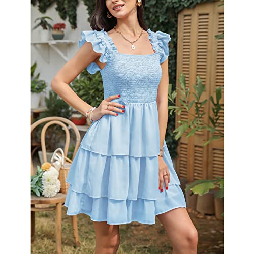Byinns Womens Square Neck Sleeveless Ruffle Dress High Waist Backless Tiered Smocked Strappy Casual Short Mini Dresses4