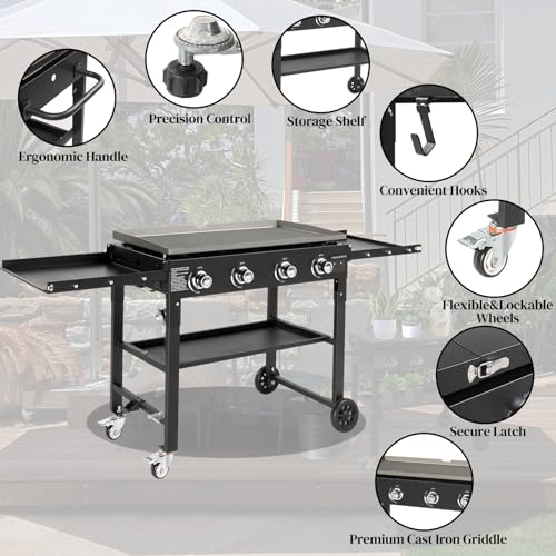 Flat Top Grill with 4 Burner, Foldable Propane Outdoor Griddle Grill with Grease Cup, 60,000BTU Gas Flattop Grills with 2 Shelves for Outdoor Cooking, Backyard