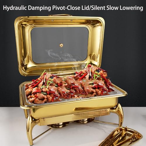 Serveur Buffet en Acier Inoxydable 10L - Ensemble De Vaisseau À Rembourrer Rectangulaire avec Couvercle en Verre, Poêle À Eau Et Support De Carburant pour Les Mariages, Banquets, Fêtes