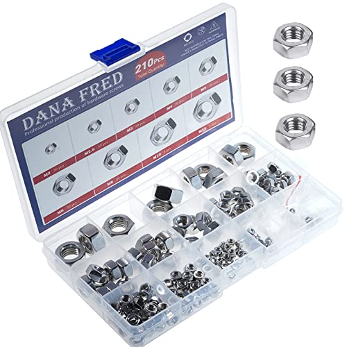Hex Nuts Metric Thread Hexagon Coarse Nut Silver Tone Standard Hardware 210Pcs M2 M2.5 M3 M4 M5 M6 M8 M10 M12 Assortment Kit Set Box 304 Stainless Steel