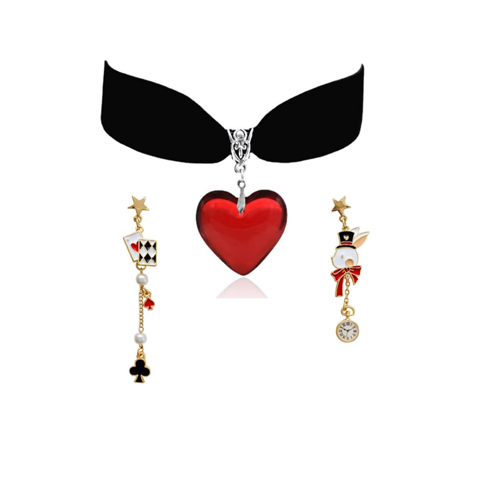 Queen of Hearts Earrings for Women Asymmetric Clock Poker Rabbit Dangle Earrings Red Heart Poker Drop Earring Queen of Hearts Costume Accessories Trendy Jewelry for Women