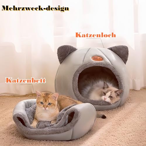 Katzenbett große Katzenhöhle Katzenhaus Indoor mit abnehmbarem Katzenkissen,Katzen Bettchen waschbar, grau